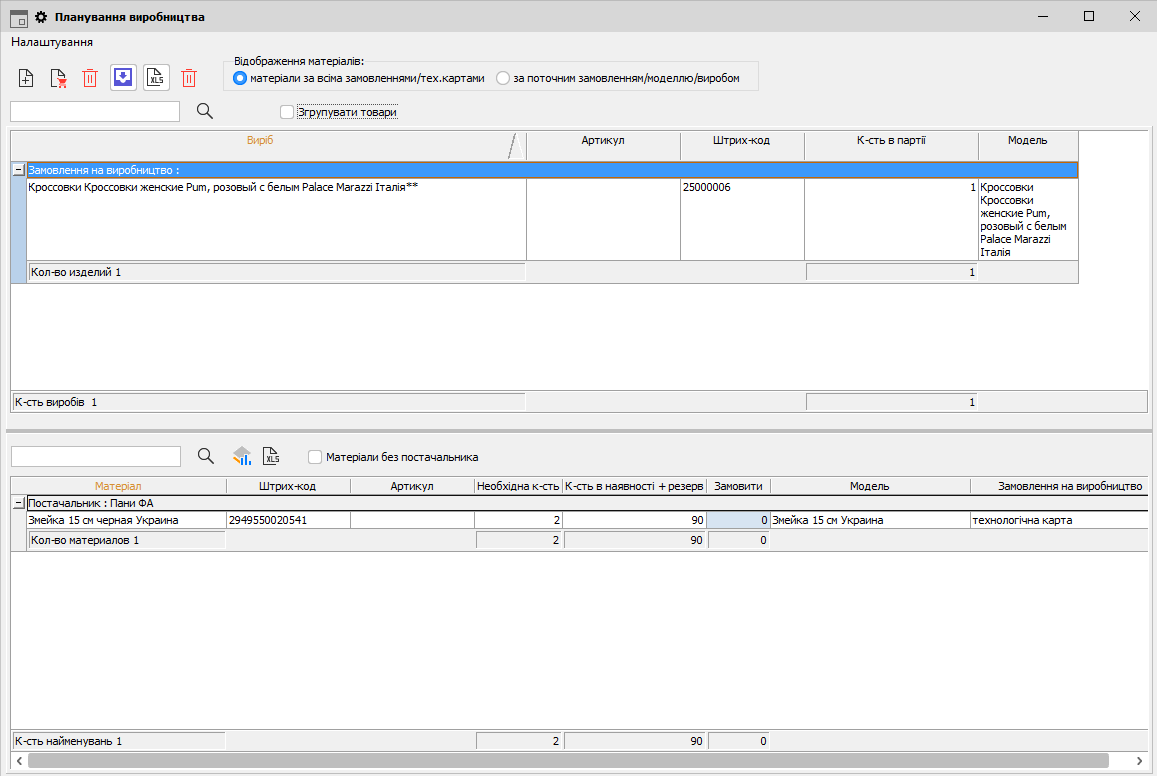 Планування виробництва - головна заповнена таблиця