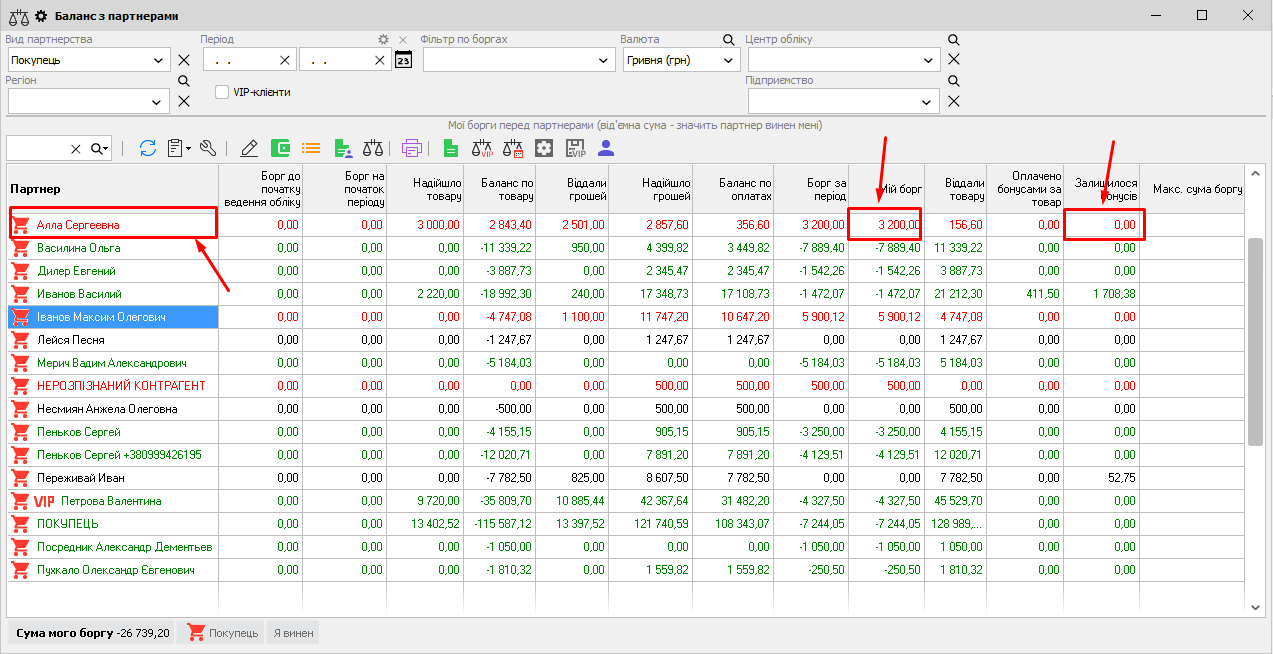Оплата - Баланс з партнерами - Мій борг