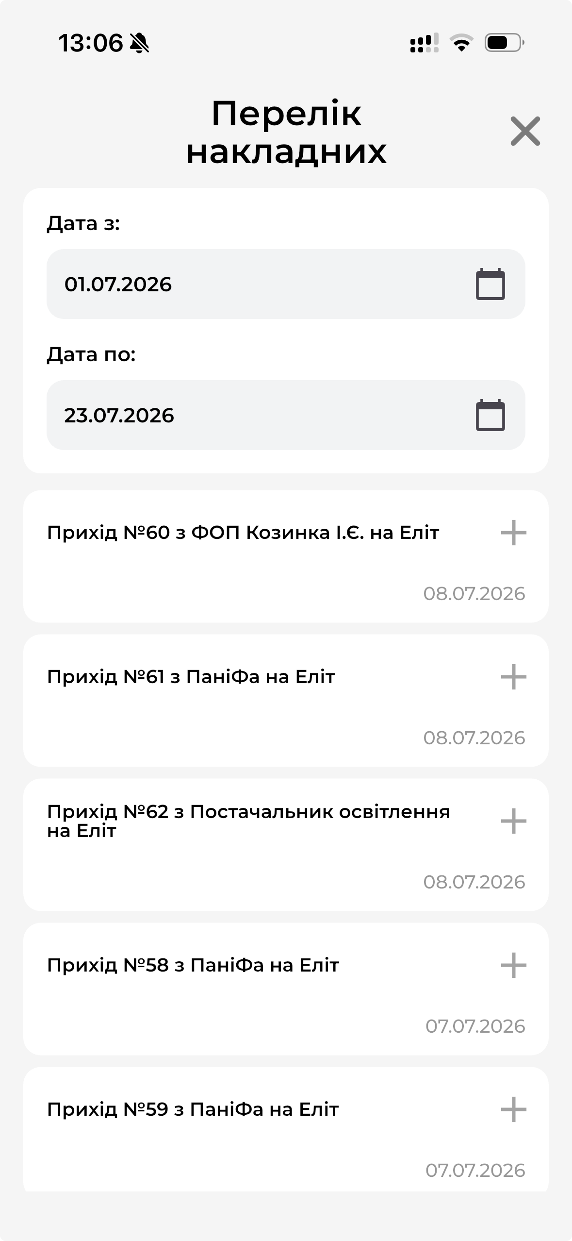 Перелік накладних приходу МД