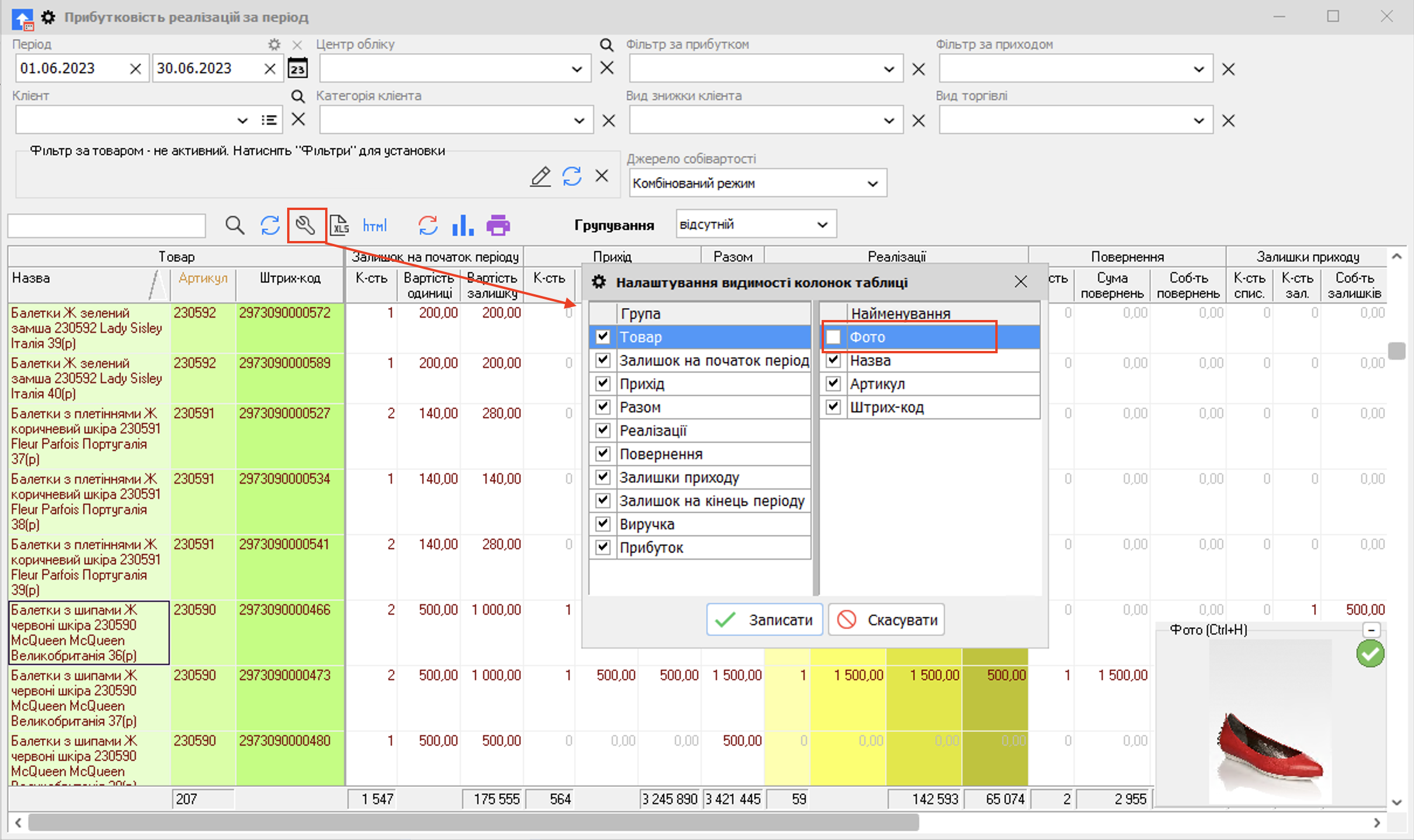 Прибутковість реалізацій за період - Налаштування колонок