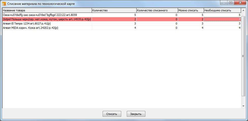 Списание материала по ТК - рус