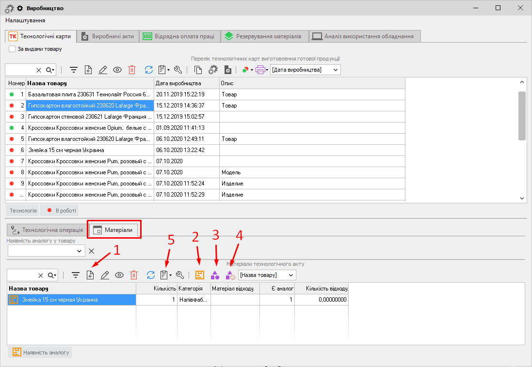 Технологічна карта - вкладка Матеріали