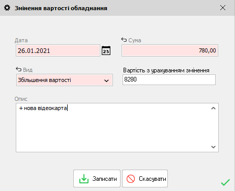 Змінення вартості устаткування