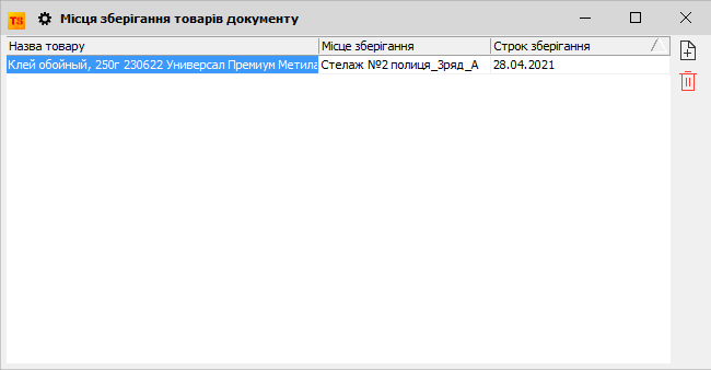 Місця зберігання товарів документа