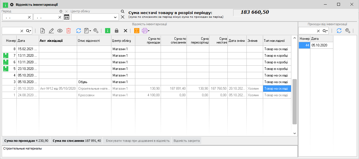 Відомість інвентаризації - головна форма